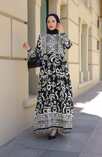 Desenli Yarım Patlı Elbise 4101-04 Siyah