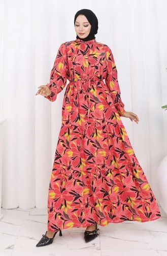 Modal Fabric Half Button Dress 0162-04 Pomegranate Flower 0162-04