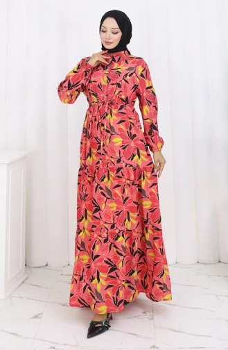 Modal Fabric Half Button Dress 0162-04 Pomegranate Flower 0162-04