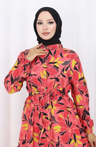 Modal Kumaş Yarım Düğmeli Elbise 0162-04 Nar Çiçeği