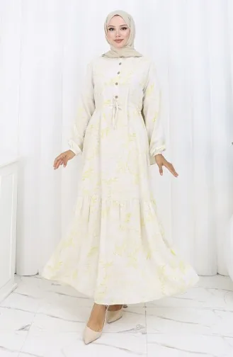 Linen Fabric Waist Tie-Down Buttoned Dress 0173C-02 Beige Mustard 0173C-02