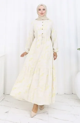 Linen Fabric Waist Tie-Down Buttoned Dress 0173C-02 Beige Mustard 0173C-02