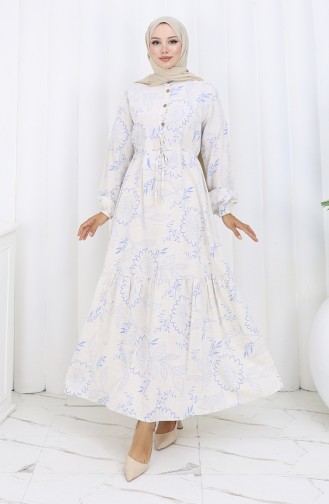 Jurk Van Linnenstof Met Knoopsluiting En Tailleband Beige Marineblauw 0173C-03 0173C-03