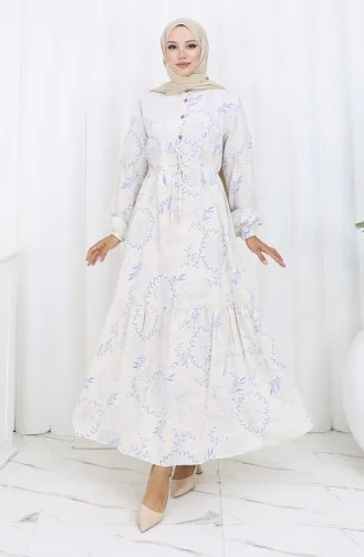 فستان من قماش الكتان برباط على الخصر وأزرار 0173C-03 بيج أزرق داكن 0173C-03