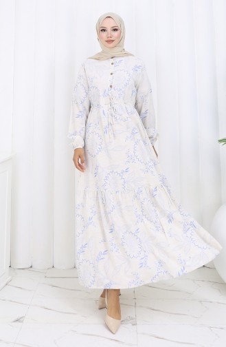 Jurk Van Linnenstof Met Knoopsluiting En Tailleband Beige Marineblauw 0173C-03 0173C-03