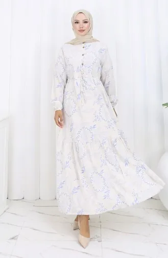 فستان من قماش الكتان برباط على الخصر وأزرار 0173C-03 بيج أزرق داكن 0173C-03