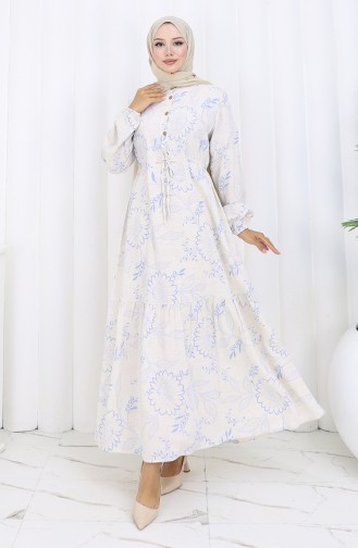 Jurk Van Linnenstof Met Knoopsluiting En Tailleband Beige Marineblauw 0173C-03 0173C-03