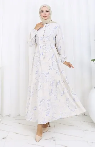 فستان من قماش الكتان برباط على الخصر وأزرار 0173C-03 بيج أزرق داكن 0173C-03