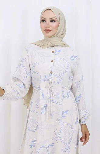 فستان من قماش الكتان برباط على الخصر وأزرار 0173C-03 بيج أزرق داكن 0173C-03