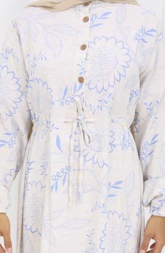 Jurk Van Linnenstof Met Knoopsluiting En Tailleband Beige Marineblauw 0173C-03 0173C-03