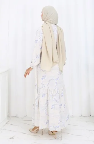 فستان من قماش الكتان برباط على الخصر وأزرار 0173C-03 بيج أزرق داكن 0173C-03