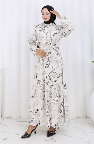 Jurk Van Linnenstof Met Knoopsluiting En Tailleband 0173C-04 Beige Zwart 0173C-04