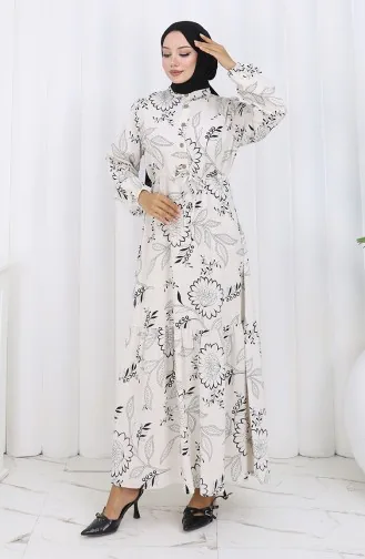 Linen Fabric Waist Tie-Down Buttoned Dress 0173C-04 Beige Black 0173C-04