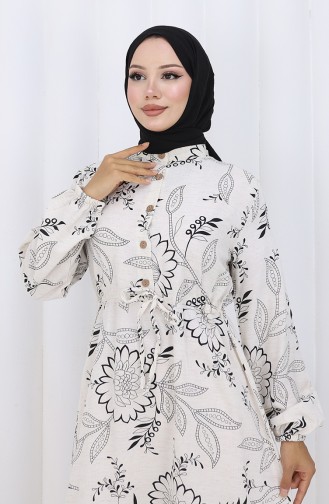 Jurk Van Linnenstof Met Knoopsluiting En Tailleband 0173C-04 Beige Zwart 0173C-04