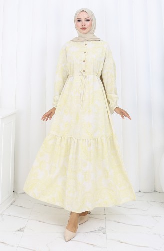 Jurk Van Linnenstof Met Knoopsluiting En Tailleband 0173D-01 Beige Mosterd 0173D-01