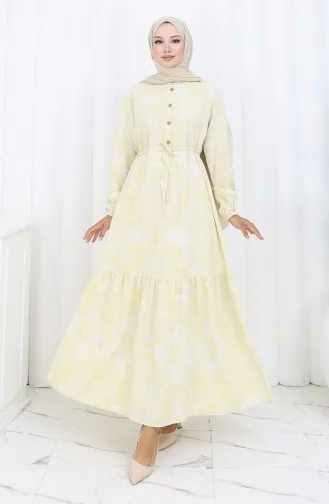 Keten Kumaş Beli Bağcıklı Düğmeli Elbise 0173D-01 Bej Hardal