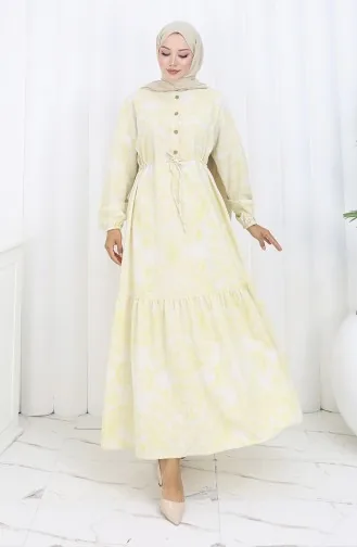 Keten Kumaş Beli Bağcıklı Düğmeli Elbise 0173D-01 Bej Hardal