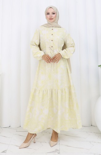 Jurk Van Linnenstof Met Knoopsluiting En Tailleband 0173D-01 Beige Mosterd 0173D-01