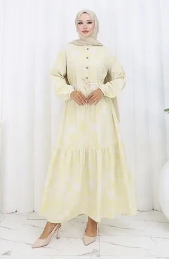 Keten Kumaş Beli Bağcıklı Düğmeli Elbise 0173D-01 Bej Hardal