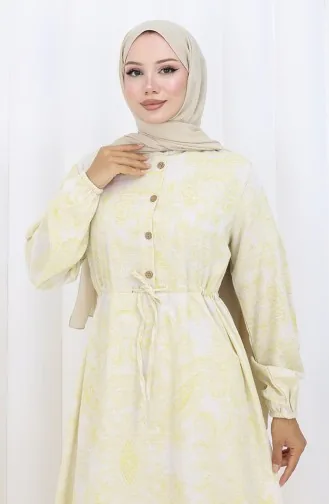 Keten Kumaş Beli Bağcıklı Düğmeli Elbise 0173D-01 Bej Hardal