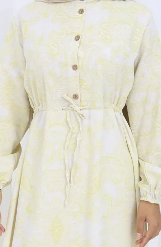 Keten Kumaş Beli Bağcıklı Düğmeli Elbise 0173D-01 Bej Hardal