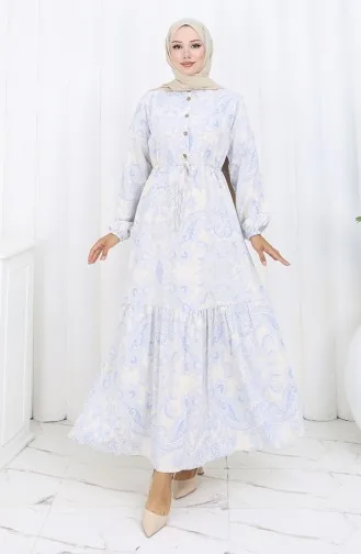 Jurk Van Linnenstof Met Knoopsluiting En Tailleband 0173E-01 Beige Marineblauw 0173E-01