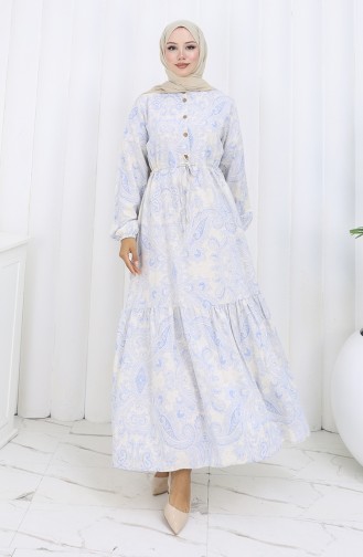 Jurk Van Linnenstof Met Knoopsluiting En Tailleband 0173E-01 Beige Marineblauw 0173E-01