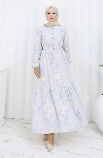 Jurk Van Linnenstof Met Knoopsluiting En Tailleband 0173E-01 Beige Marineblauw 0173E-01