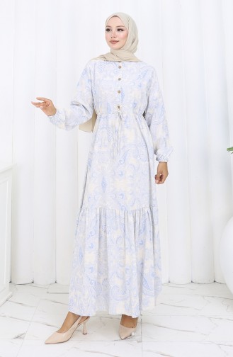 Jurk Van Linnenstof Met Knoopsluiting En Tailleband 0173E-01 Beige Marineblauw 0173E-01