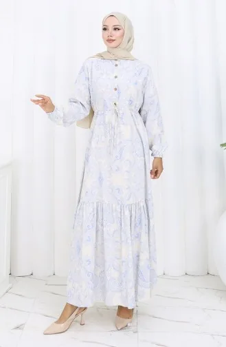 Jurk Van Linnenstof Met Knoopsluiting En Tailleband 0173E-01 Beige Marineblauw 0173E-01