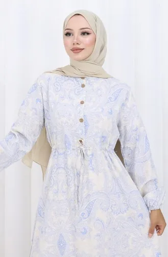 Jurk Van Linnenstof Met Knoopsluiting En Tailleband 0173E-01 Beige Marineblauw 0173E-01