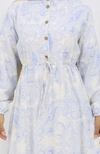 Jurk Van Linnenstof Met Knoopsluiting En Tailleband 0173E-01 Beige Marineblauw 0173E-01