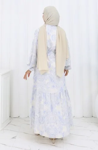 Jurk Van Linnenstof Met Knoopsluiting En Tailleband 0173E-01 Beige Marineblauw 0173E-01