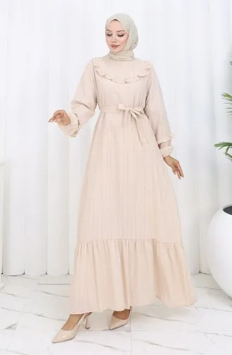 Jurk Met Ruches En Riem 2159-01 Beige 2159-01