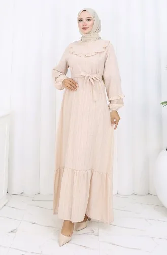 Jurk Met Ruches En Riem 2159-01 Beige 2159-01