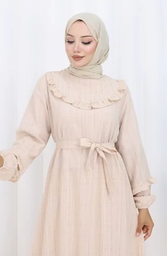 Jurk Met Ruches En Riem 2159-01 Beige 2159-01