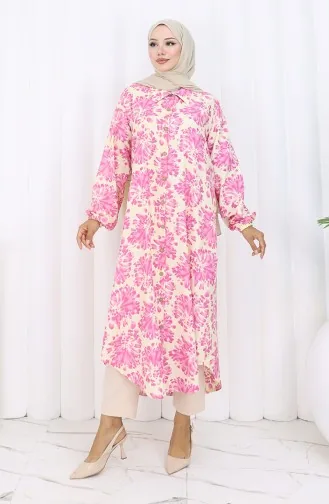 Viscose Fabric Buttoned Long Tunic 0174-04 Fuchsia 0174-04