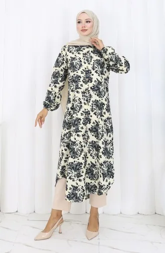 Tunique Longue Boutonnée En Tissu Viscose 0174-05 Beige Noir 0174-05