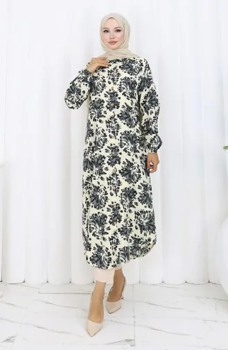 Tunique Longue Boutonnée En Tissu Viscose 0174-05 Beige Noir 0174-05