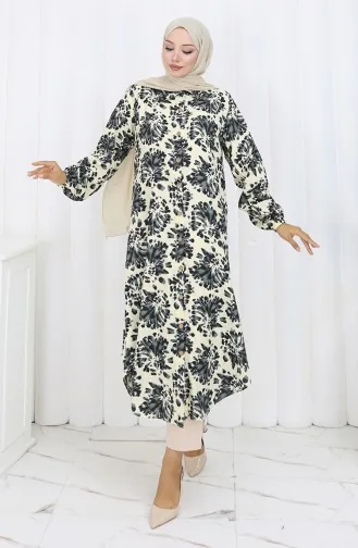 Tunique Longue Boutonnée En Tissu Viscose 0174-05 Beige Noir 0174-05