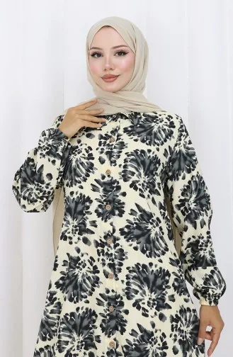 Tunique Longue Boutonnée En Tissu Viscose 0174-05 Beige Noir 0174-05