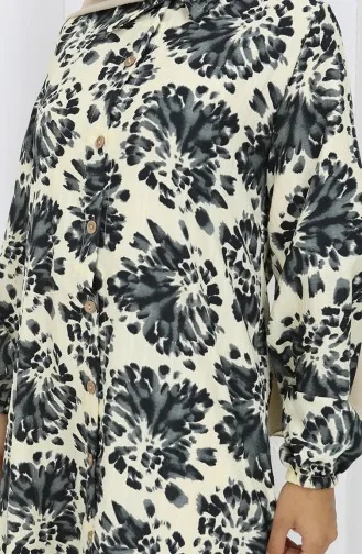 Tunique Longue Boutonnée En Tissu Viscose 0174-05 Beige Noir 0174-05