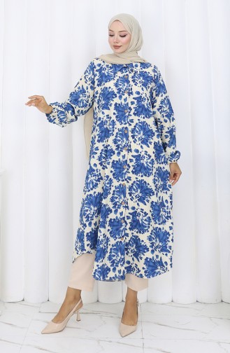 Viscose Fabric Buttoned Long Tunic 0174-06 Beige Navy Blue 0174-06