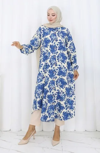 تونيك طويل بأزرار من قماش الفيسكوز 0174-06 بيج أزرق داكن 0174-06