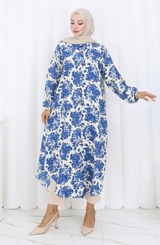 Viscose Fabric Buttoned Long Tunic 0174-06 Beige Navy Blue 0174-06