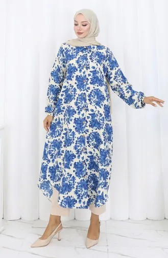 تونيك طويل بأزرار من قماش الفيسكوز 0174-06 بيج أزرق داكن 0174-06