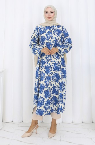 Viscose Fabric Buttoned Long Tunic 0174-06 Beige Navy Blue 0174-06