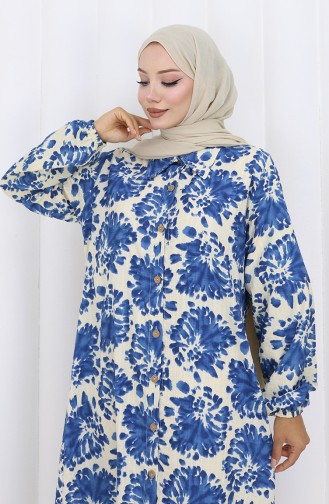Viscose Fabric Buttoned Long Tunic 0174-06 Beige Navy Blue 0174-06