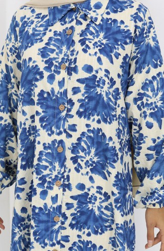 Viscose Fabric Buttoned Long Tunic 0174-06 Beige Navy Blue 0174-06