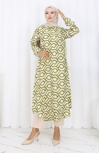 Viscose Fabric Buttoned Long Tunic 0175-03 Khaki 0175-03
